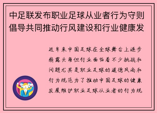 中足联发布职业足球从业者行为守则倡导共同推动行风建设和行业健康发展 中足联发布职业足球从业者行为守则倡导共同推动行风建设和行业健康发展
